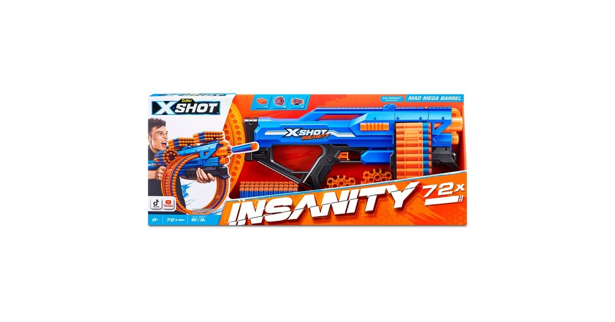 ZURU XShot Insanity Blaster Mega Barrel, Dartblaster inkl. 72 Darts