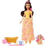 Mattel Disney Prinzessin Baden und Bürsten Belle-Modepuppe mit Hündchen mit Farbwechseleffekt und Zubehör
