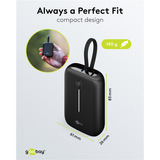 goobay Powerbank 10.000 mAh, integriertes USB-C Kabel 13cm, 20 Watt schwarz, 10 Ah, 1x USB-A, 2x USB-C, PD, QC