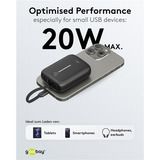 goobay Powerbank 10.000 mAh, integriertes USB-C Kabel 13cm, 20 Watt schwarz, 10 Ah, 1x USB-A, 2x USB-C, PD, QC