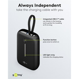 goobay Powerbank 10.000 mAh, integriertes USB-C Kabel 13cm, 20 Watt schwarz, 10 Ah, 1x USB-A, 2x USB-C, PD, QC