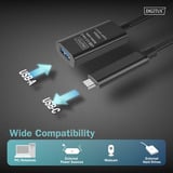 Digitus Aktives USB 3.2 Gen 2 Verlängerungskabel, USB-C Stecker > USB-A Buchse schwarz, 5 Meter, Repeater Kabel