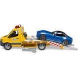 bruder 02675 MB Sprinter Autotransporter mit Light & Sound Modul , Modellfahrzeug orange/blau, Inkl. Roadster