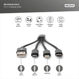 Digitus 3-in-1 Ladekabel, USB-A 2.0 > Lightning + USB-C + Micro-USB schwarz, 0,15 Meter, Laden mit bis zu 10 Watt