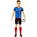 Mattel Ken Fußballspieler-Puppe mit kurzer Haarfrisur, Trikot Nummer 10, Fußball und Stollenschuhe blau