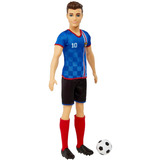 Mattel Ken Fußballspieler-Puppe mit kurzer Haarfrisur, Trikot Nummer 10, Fußball und Stollenschuhe blau
