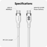 Hyper USB Silikon Ladekabel, USB-C Stecker > USB-C Stecker weiß, 1,5 Meter, PD 3.0, Laden mit bis zu 60 Watt