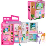 Mattel Barbie Ferienhaus Puppe und Spielset, Kulisse mit 4 Spielbereichen und 11 Zubehörteilen