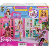 Mattel Barbie Ferienhaus Puppe und Spielset, Kulisse mit 4 Spielbereichen und 11 Zubehörteilen
