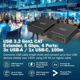 Digitus USB 3.2 Gen1 CAT Extender-Set, 5Gbps, 100 Meter, USB-Extender schwarz, Sendeeinheit + Empfängereinheit, 4 Ports: 3x USB-A, 1x USB-C