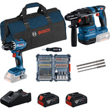 Bosch 18V Profi-Set Bohrhammer GBH 18V-22 + Bohrschrauber GSR 18V-45 blau/schwarz, 2x Li-Ionen Akku 4,0Ah, Hammerbohrer- und Bit-Set, Werkzeugtasche