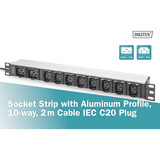 Digitus Steckdosenleiste 19" PDU mit Aluminiumprofil, 10-fach, 8x C13, 2x C19 schwarz/aluminium, 2 Meter Kabel, 1 HE, 1-phasig 16A, Kaltgerätestecker C20