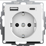 Gira USB-Spannungsversorgung mit Schutzkontaktsteckdose Typ F 16 Ampere 250 Volt, 2 USB-Ausgänge Typ A und Typ C weiß (matt), Retail