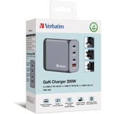 Verbatim GaN-Ladegerät 200W, 1x USB-A , 3x USB-C grau, PD 3.0, QC 3.0