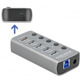 DeLOCK USB 3.2 Gen 1 Hub mit 4 Ports + 1 Schnellladeport + 1 USB-C PD 3.0 Port, USB-Hub grau, mit Schalter und Beleuchtung