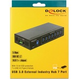 DeLOCK Externer Industrie Hub 7 x USB 3.0 Typ-A, USB-Hub schwarz, mit 15 kV ESD Schutz