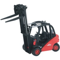 bruder 02511 Linde Gabelstapler H30D, Modellfahrzeug schwarz/rot, mit Anhängerkupplung und 2 Paletten