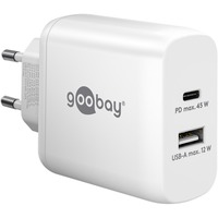 goobay USB-C PD Dual-Schnellladegerät 45 Watt weiß, 1x USB-A, 1x USB-C PD, GaN-Technologie