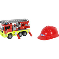 bruder 01760 Feuerwehrfahrzeug mit Drehleiter, Licht- und Soundmodul und Spielhelm, Modellfahrzeug 