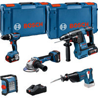 Bosch 18V Profi Set, 5 Werkzeuge (GBH 18V-26, GSB 18V-65, GSA 18V-LI, GWS 18V-11, GLI 18V-1200 C), Werkzeug-Set blau, 3x Li-Ion Akku 5,0Ah, in XL-BOXX