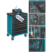 Hazet Werkstattwagen Assistent mit Sortiment (179N-7/153EC), Werkzeugwagen blau/schwarz, 153-teilig, inkl. DAB Radio