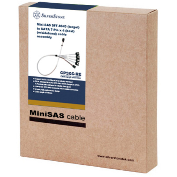 SilverStone Adapterkabel SST-CPS05-RE, mini-SAS SFF 8643 > 4x SATA hellblau, 60cm