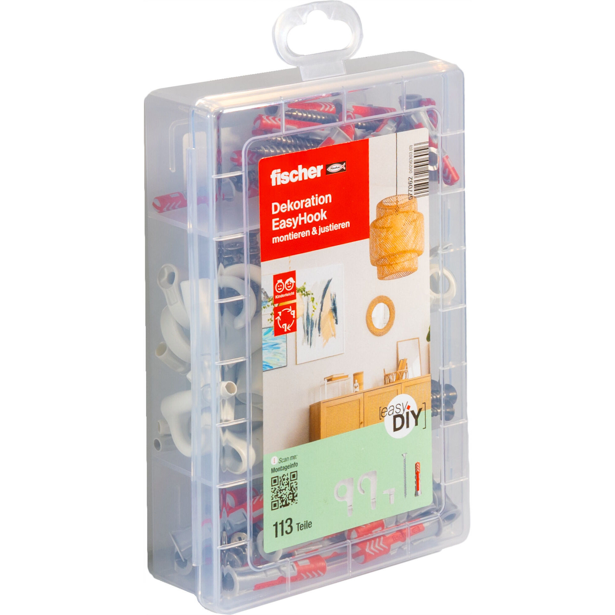 fischer EasyDIY Box Dekoration EasyHook+Schraube , Dübel hellgrün/rot, 113-teilig