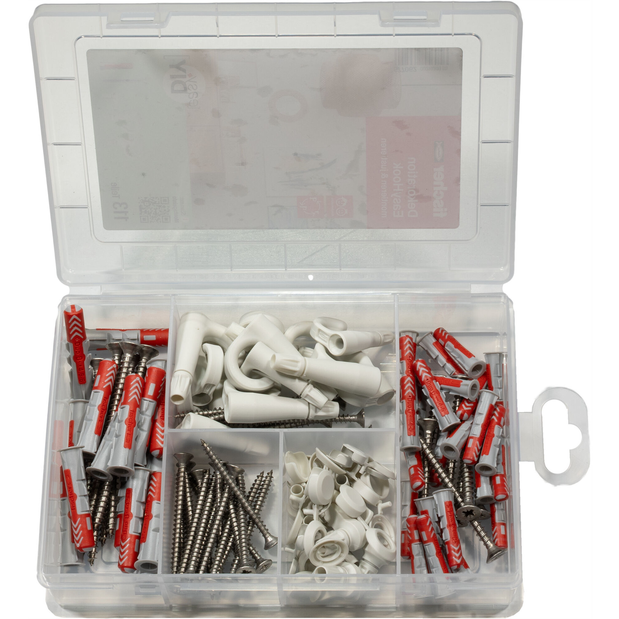 fischer EasyDIY Box Dekoration EasyHook+Schraube , Dübel hellgrün/rot, 113-teilig