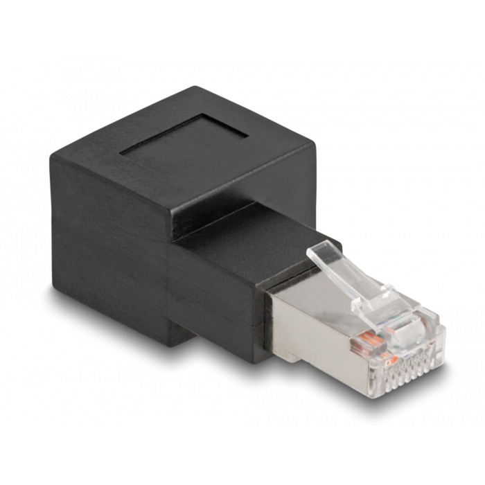 DeLOCK Adapter RJ-45 Stecker > RJ-45 Buchse, Cat.6a schwarz, 90° nach rechts gewinkelt