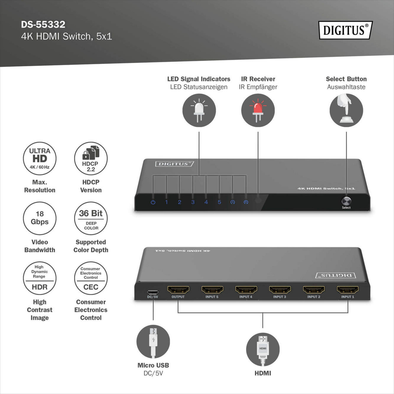 Digitus 4K HDMI Switch 5x1