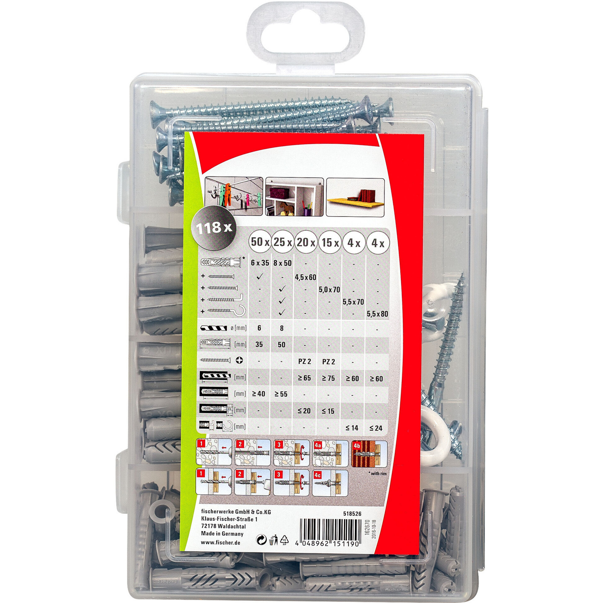 fischer Meister-Box Universaldübel UX + Schraube + Haken hellgrau, 118-teilig