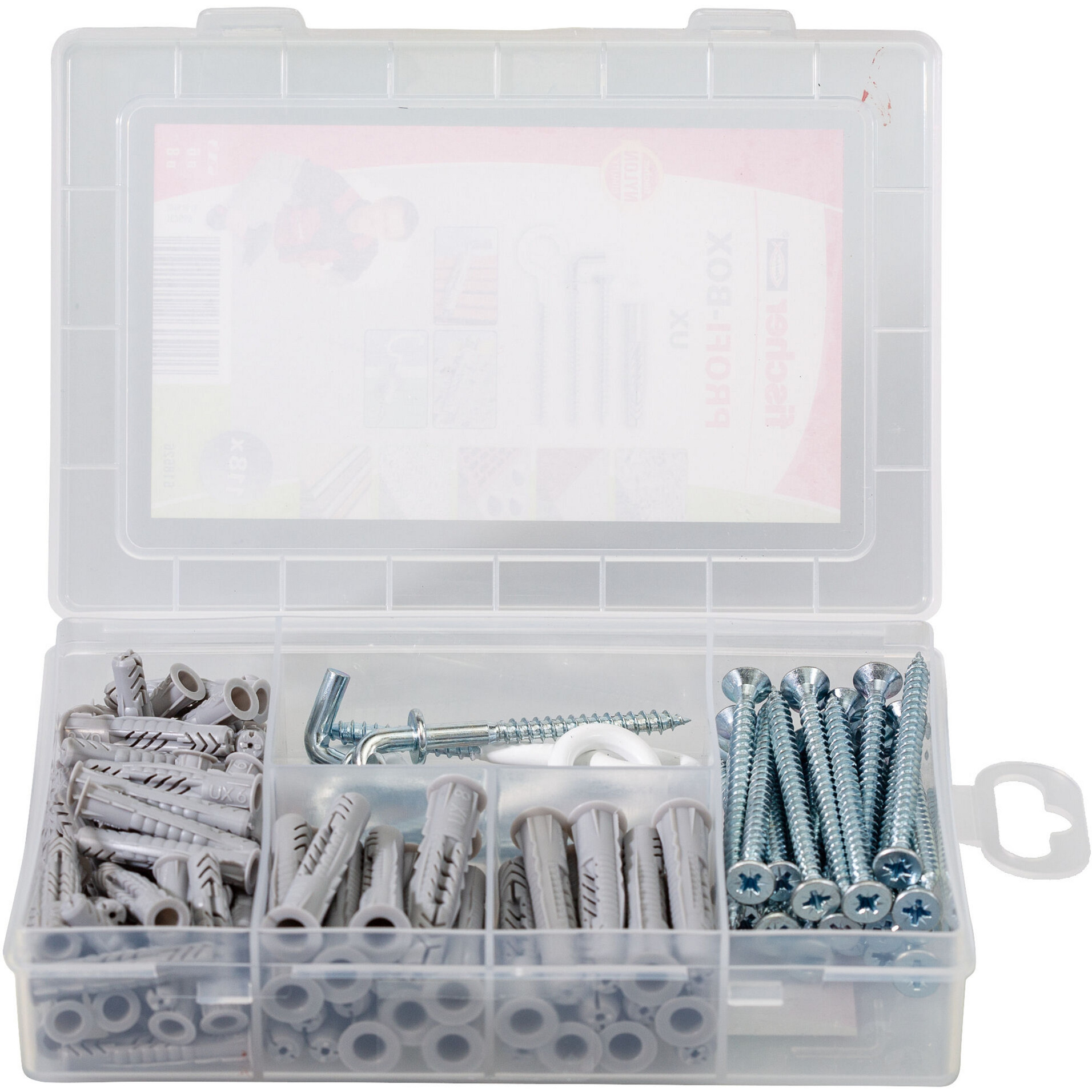 fischer Meister-Box Universaldübel UX + Schraube + Haken hellgrau, 118-teilig