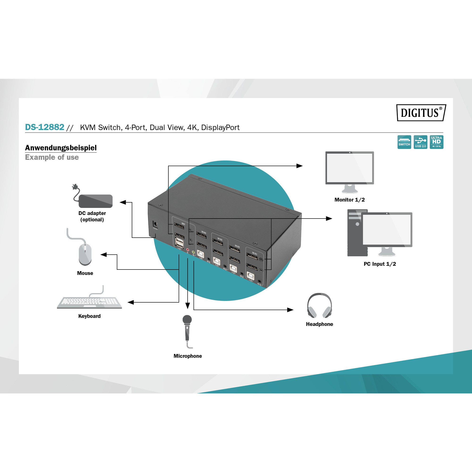 Digitus KVM-Switch DisplayPort 4x 1  schwarz, Dual Display